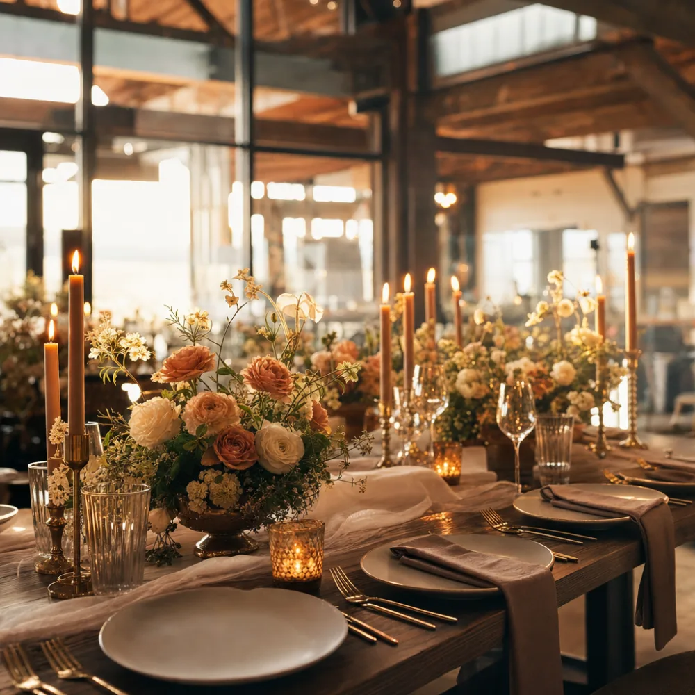 Table setting detail with florals at The Harvest Hall