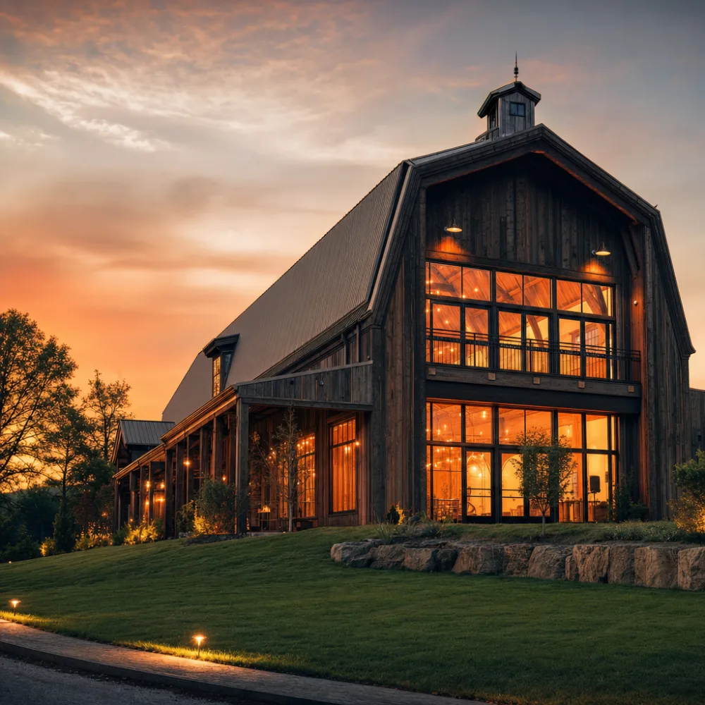 The Harvest Hall's exterior at dusk with the lights on