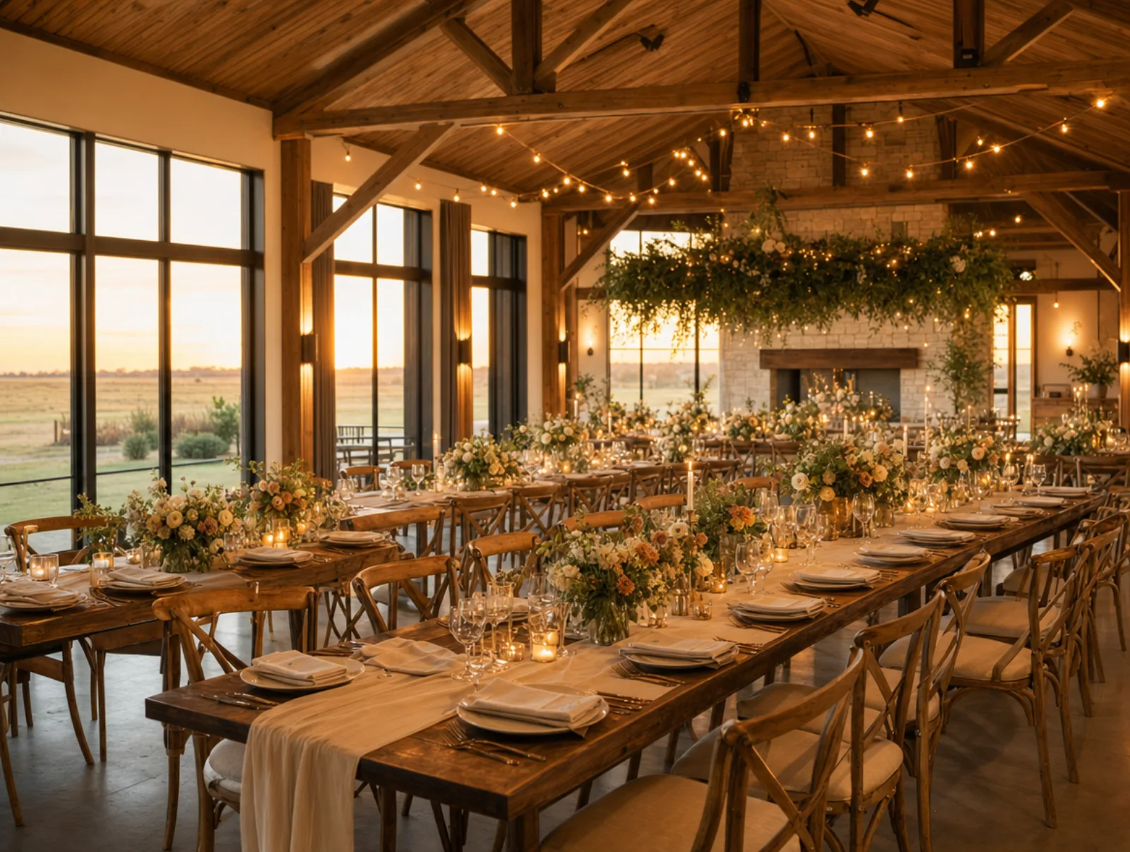 Reception setup at The Harvest Hall with long tables and string lights
