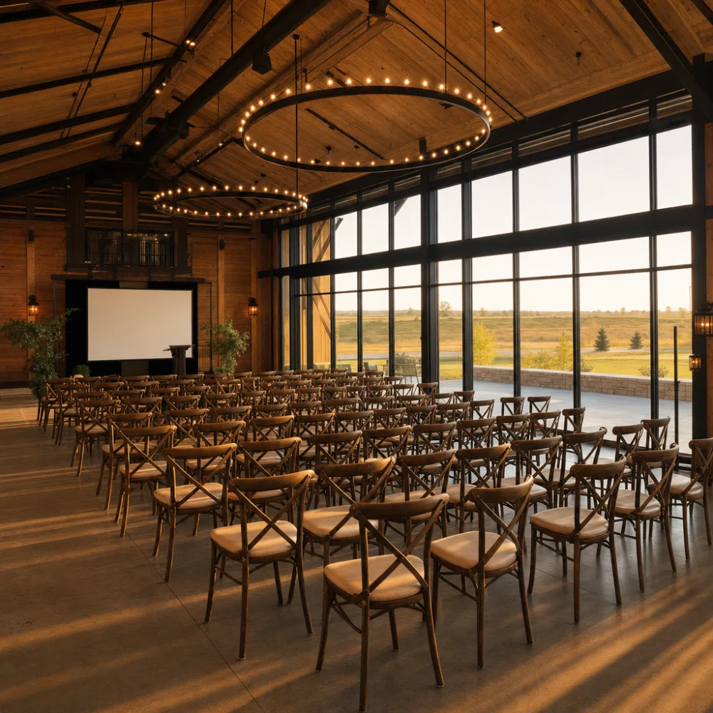 The Harvest Hall's grand hall set up for a corporate event with rows of empty chairs