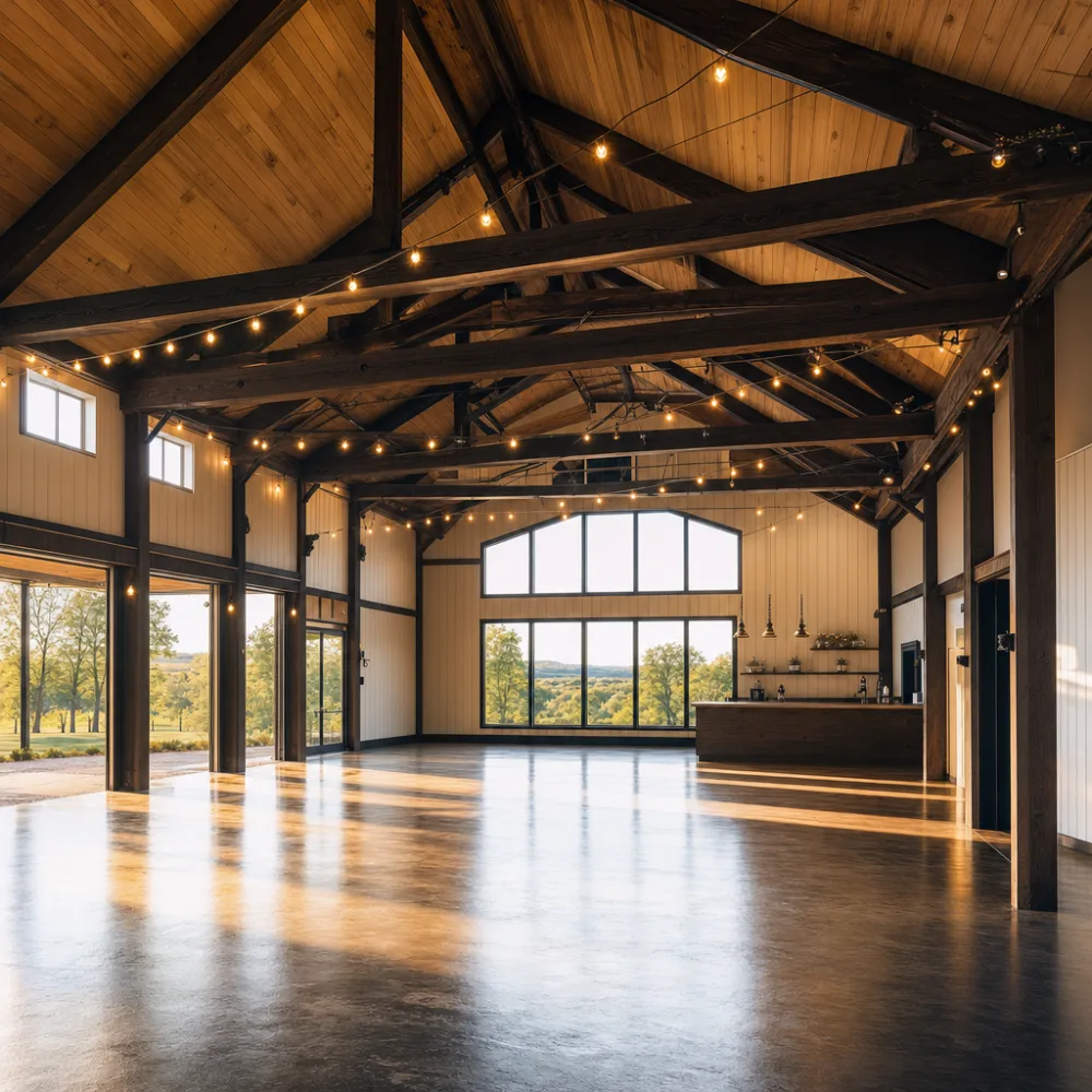 Interior of The Harvest Hall's grand hall strung with string lights over long reception tables