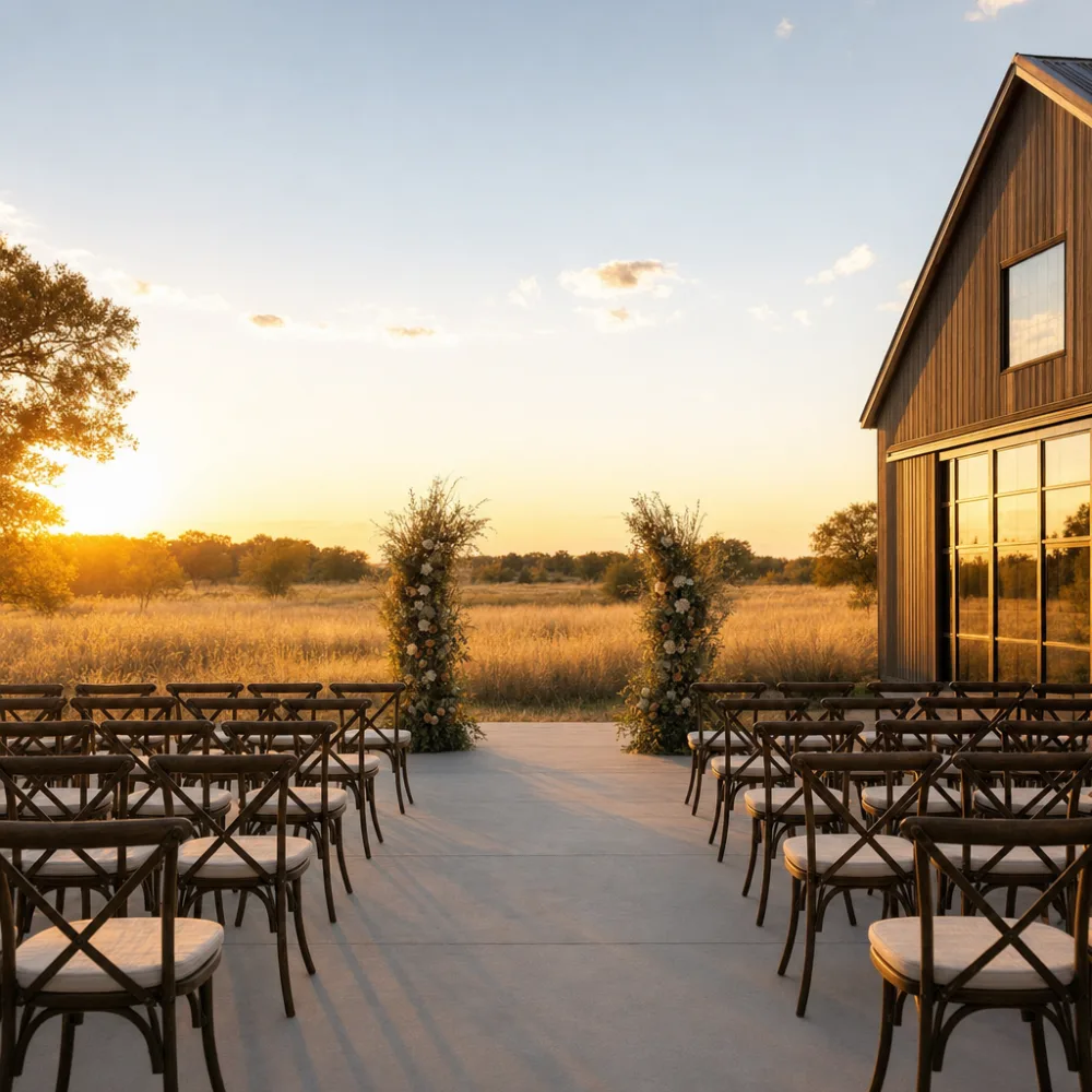 Outdoor prairie ceremony space at The Harvest Hall at golden hour